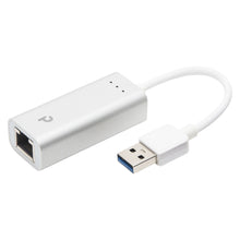 Plexgear Gigabit-netværkskort USB-A 1 Gb/s, sølv, kort hvid kabel, USB 3.0 stik og Ethernet-port.