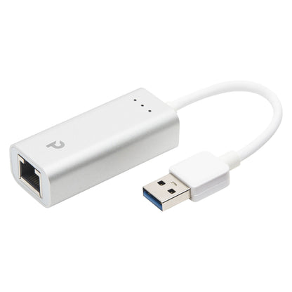 Plexgear Gigabit-netværkskort USB-A 1 Gb/s, sølv, kort hvid kabel, USB 3.0 stik og Ethernet-port.