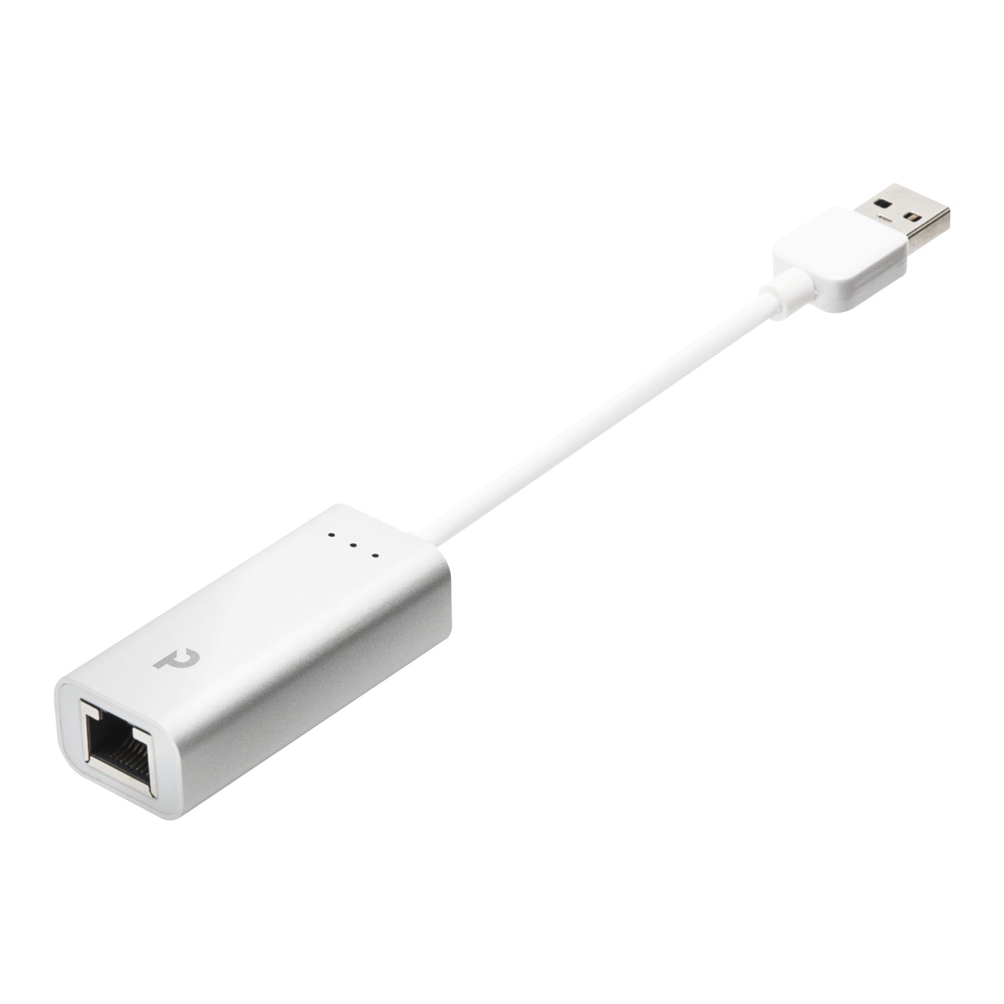 Gigabit-netværkskort USB-A 1 Gb/s, rektangulært sølvfarvet kabinet, kort hvid ledning mellem USB og Ethernet-port.