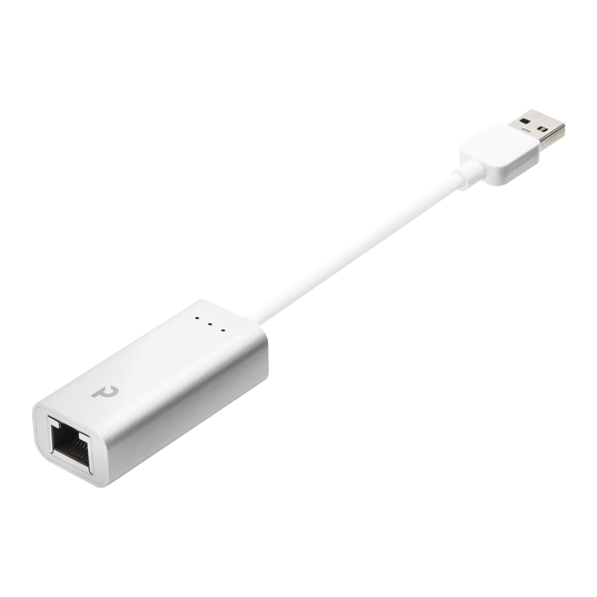 Gigabit-netværkskort USB-A 1 Gb/s, rektangulært sølvfarvet kabinet, kort hvid ledning mellem USB og Ethernet-port.