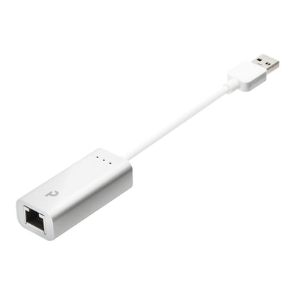 Gigabit-netværkskort USB-A 1 Gb/s, rektangulært sølvfarvet kabinet, kort hvid ledning mellem USB og Ethernet-port.
