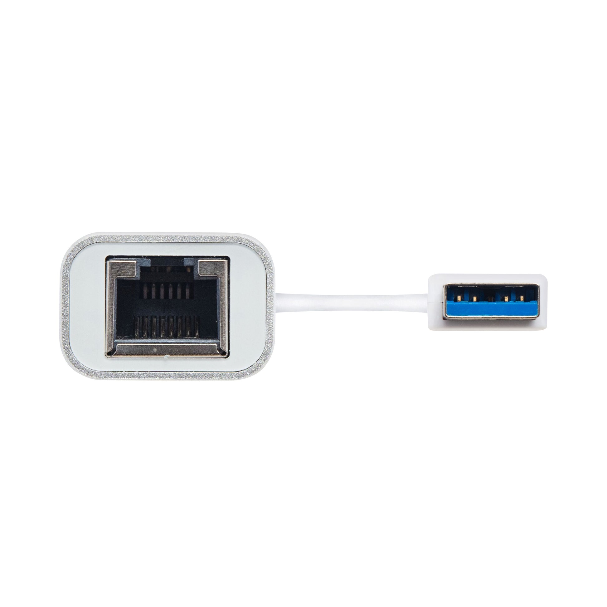 Gigabit-netværkskort med USB-A, 1 Gb/s, kort hvidt kabel, USB 3.0-stik og Ethernet-port.