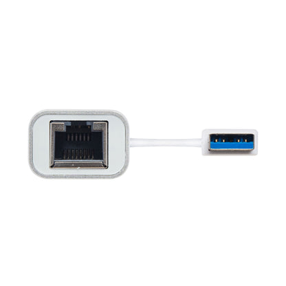 Gigabit-netværkskort med USB-A, 1 Gb/s, kort hvidt kabel, USB 3.0-stik og Ethernet-port.