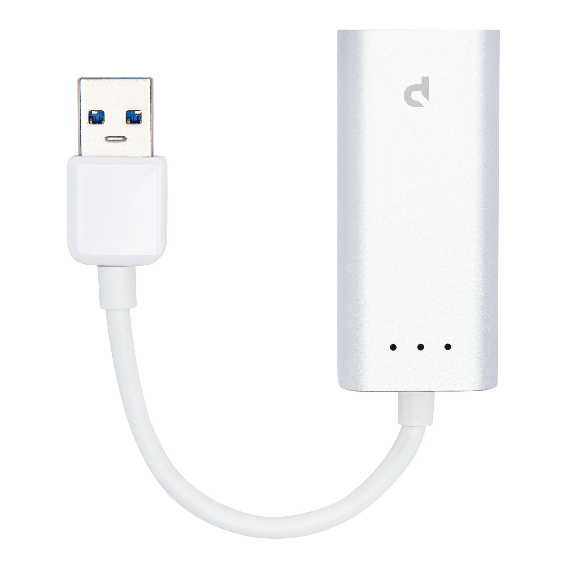 Gigabit-netværkskort USB-A 1 Gb/s, sølvfarvet adapter med kort hvidt kabel, USB-A stik og tre LED-indikatorer.