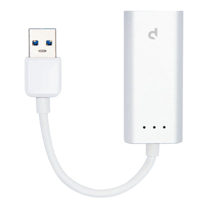 Gigabit-netværkskort USB-A 1 Gb/s, sølvfarvet adapter med kort hvidt kabel, USB-A stik og tre LED-indikatorer.