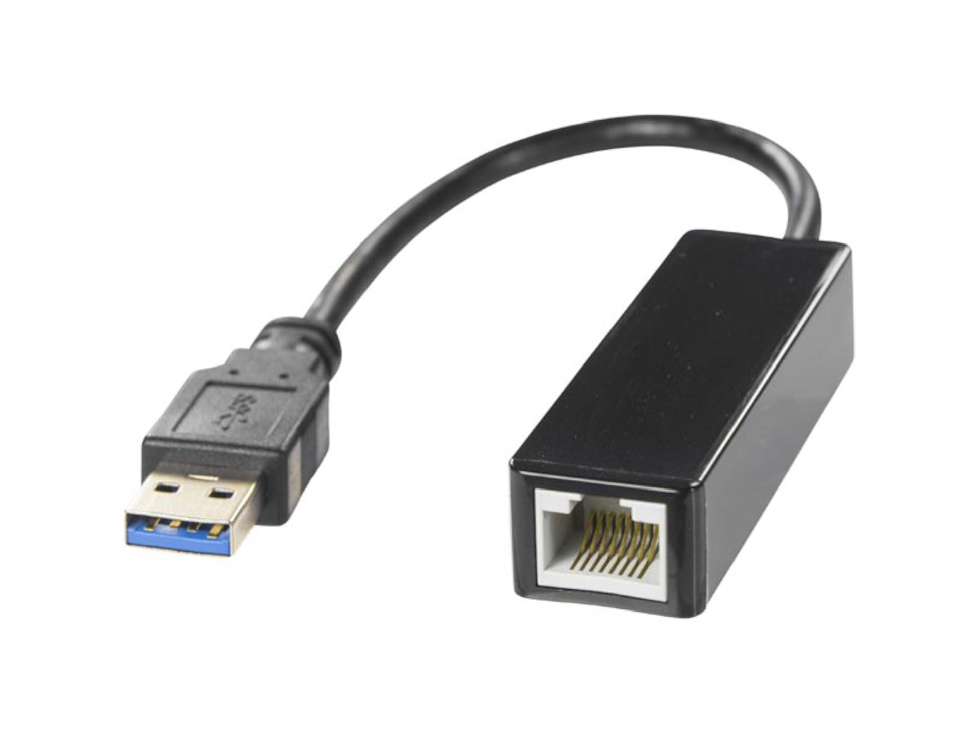 Plexgear Gigabit-netværkskort 1 Gb/s sort USB-adapter med USB 3.0 stik, Gigabit Ethernet-port og kort sort kabel.