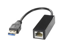 Plexgear Gigabit-netværkskort 1 Gb/s sort USB-adapter med USB 3.0 stik, Gigabit Ethernet-port og kort sort kabel.