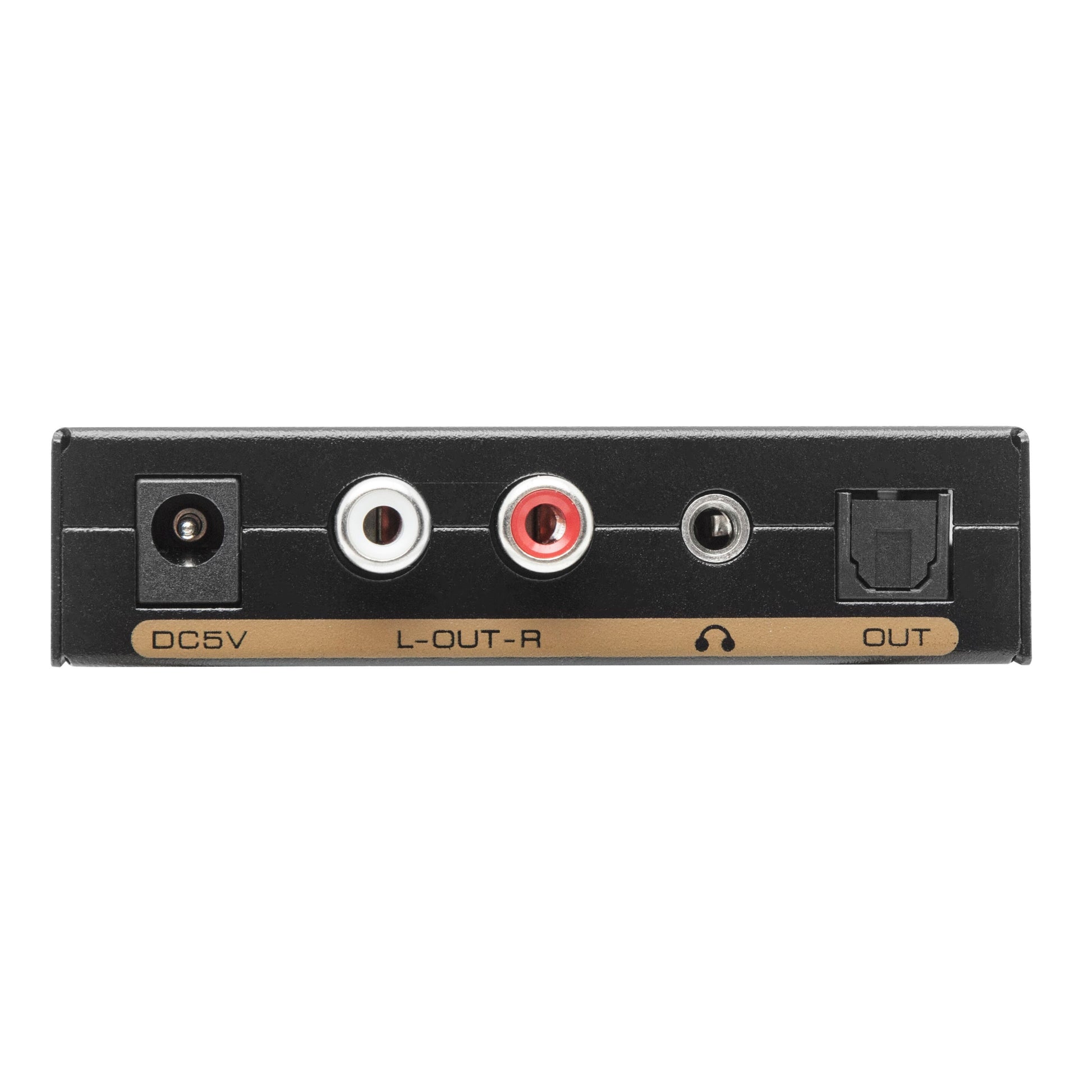Digital til analog konverter med switch sort, DC 5V, L-OUT-R (hvid/rød RCA), hovedtelefonstik, optisk OUT.
