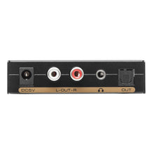 Digital til analog konverter med switch sort, DC 5V, L-OUT-R (hvid/rød RCA), hovedtelefonstik, optisk OUT.
