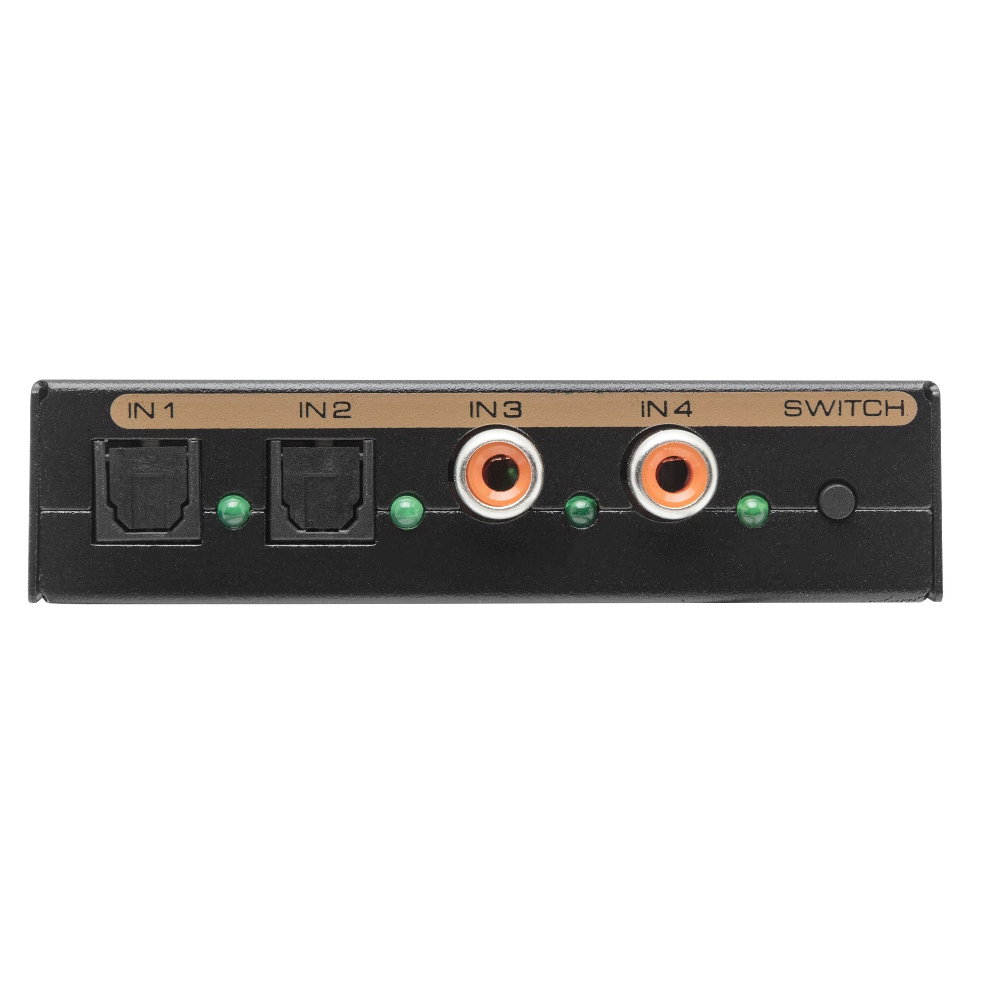 Luxorparts digital til analog konverter med switch, front, 2 RJ45-porte IN1/IN2, 2 RCA-stik IN3/IN4, indikatorlys, sort knap.