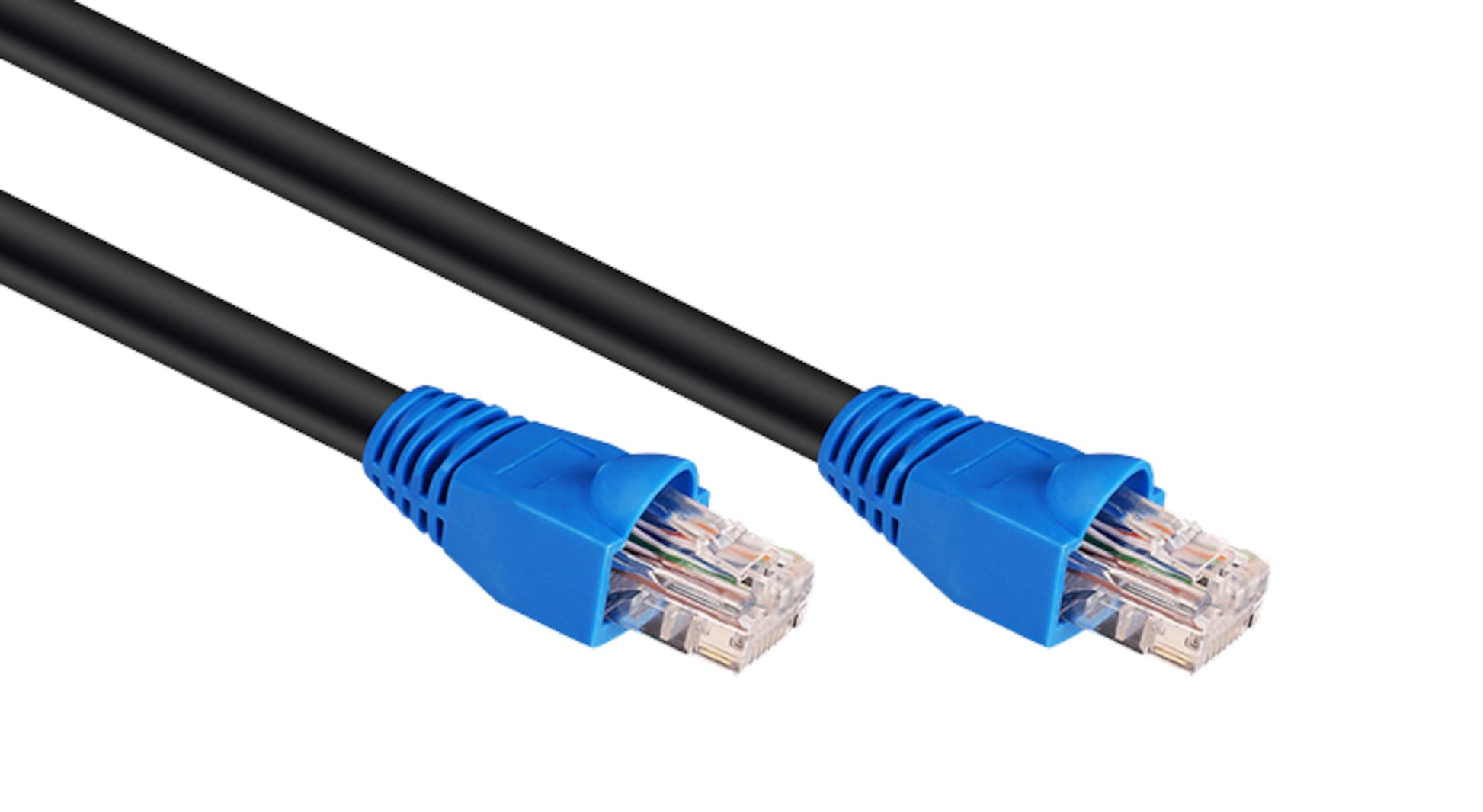 Luxorparts Cat. 6 UTP netværkskabel udendørs 20 m sort med blå stik og gennemsigtige RJ45-stik, til kabler parallelle.