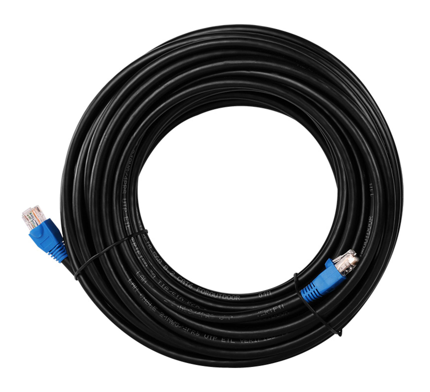 UTP-netværkskabel Cat. 6 udendørs, 20 m, sort kabel med blå stik, samlet med sort snoet bånd.
