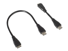 Tre slags kabler: et med rundt og rektangulært stik, til HDMI 2.0 forlængerkabler 0,3 m med rektangulært HDMI-stik.