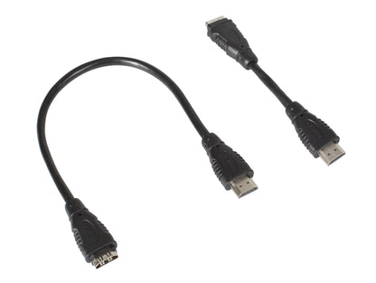 Tre slags kabler: et med rundt og rektangulært stik, til HDMI 2.0 forlængerkabler 0,3 m med rektangulært HDMI-stik.