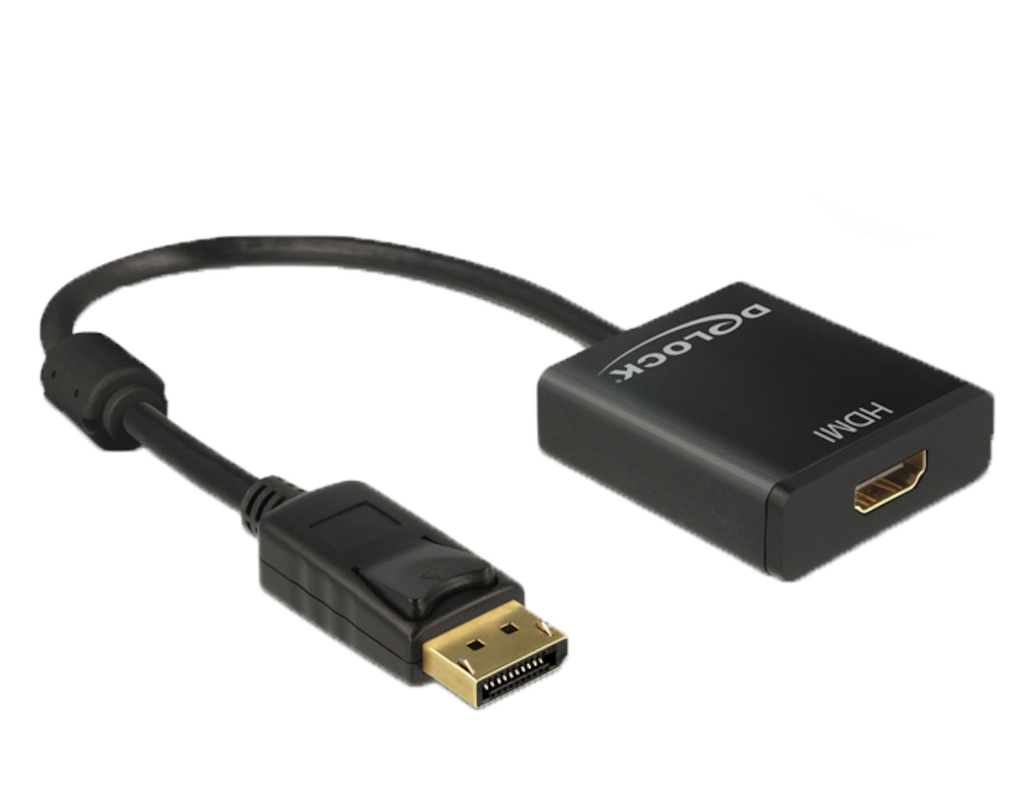 Luxorparts sort aktiv DisplayPort til HDMI adapter, DisplayPort han til HDMI hun, 4K, Delock og HDMI logo på huset.