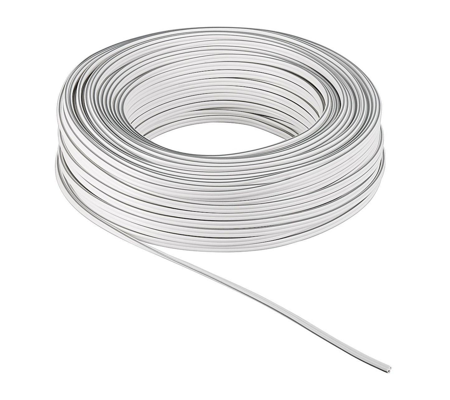 Goobay højttalerkabel 4 mm², 50 m rulle, hvid, oprullet spole med én ende strakt ud.