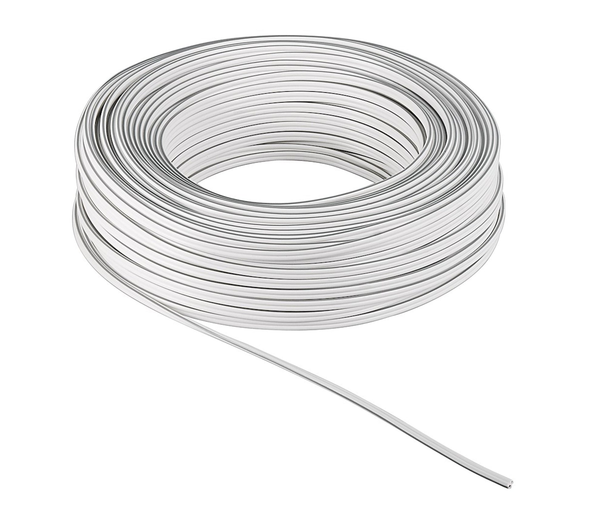 Goobay højttalerkabel 4 mm², 50 m rulle, hvid, oprullet spole med én ende strakt ud.