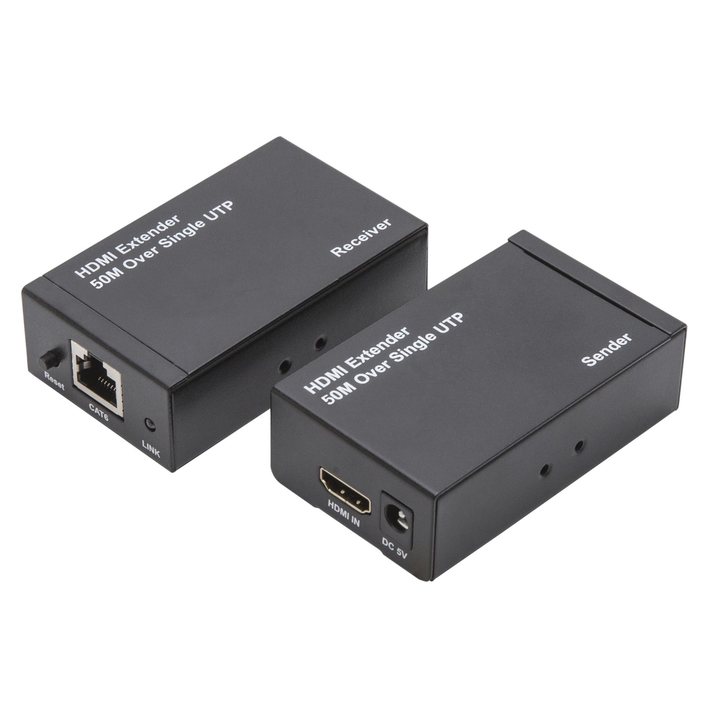 HDMI Extender 50M Over Single UTP sort, understøtter Full HD 1080p, Receiver med Ethernet, Sender med HDMI/DC 5V, til Cat 6 kabel.