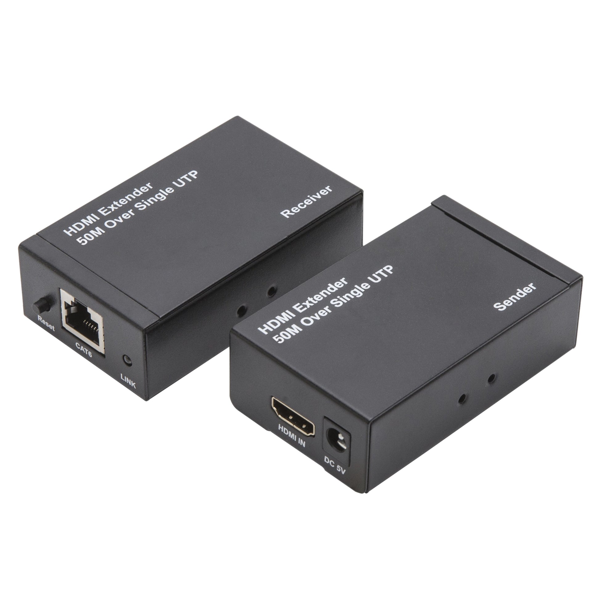 HDMI Extender 50M Over Single UTP sort, understøtter Full HD 1080p, Receiver med Ethernet, Sender med HDMI/DC 5V, til Cat 6 kabel.