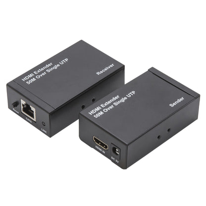HDMI Extender 50M Over Single UTP sort, understøtter Full HD 1080p, Receiver med Ethernet, Sender med HDMI/DC 5V, til Cat 6 kabel.