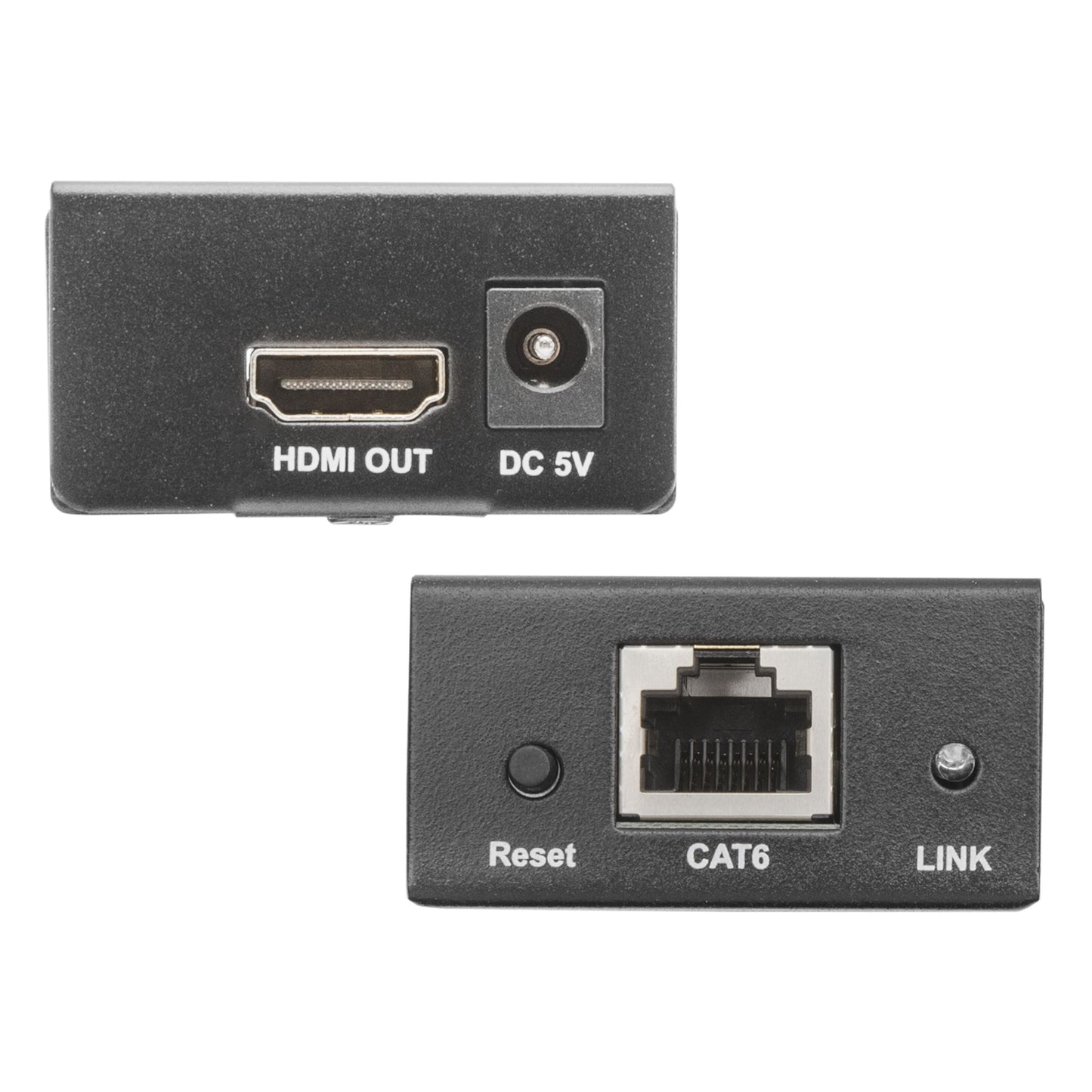 HDMI-forlængelse via netværkskabel med HDMI OUT, DC 5V-indgang, CAT6-port, Reset-knap og LINK-indikator Full HD 1080p.