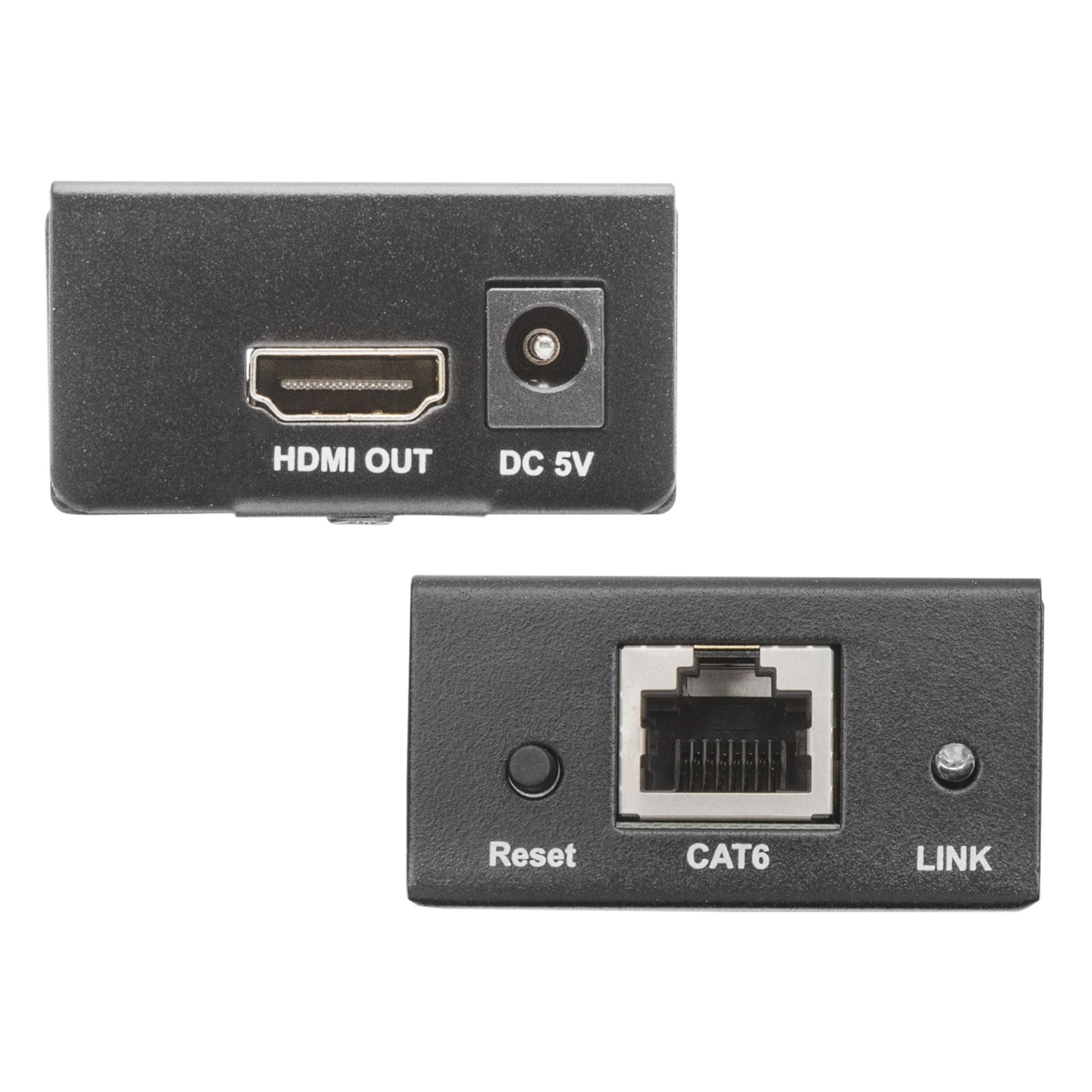 HDMI-forlængelse via netværkskabel med HDMI OUT, DC 5V-indgang, CAT6-port, Reset-knap og LINK-indikator Full HD 1080p.