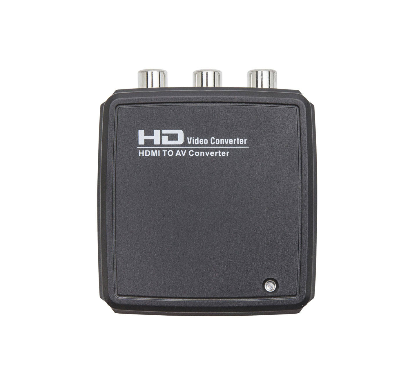 Adapter HDMI til komposit med lyd sort, tre RCA-udgange øverst, lille indikatorlys nederst til højre.