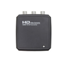 Adapter HDMI til komposit med lyd sort, tre RCA-udgange øverst, lille indikatorlys nederst til højre.