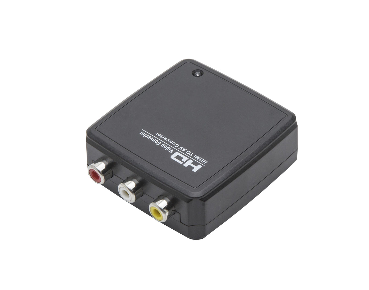 HD VIDEO CONVERTER sort HDMI til komposit adapter med gule, hvide og røde RCA porte til lyd og video.