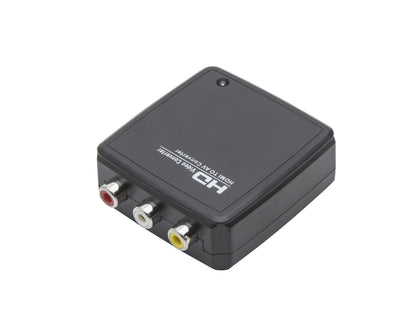 HD VIDEO CONVERTER sort HDMI til komposit adapter med gule, hvide og røde RCA porte til lyd og video.