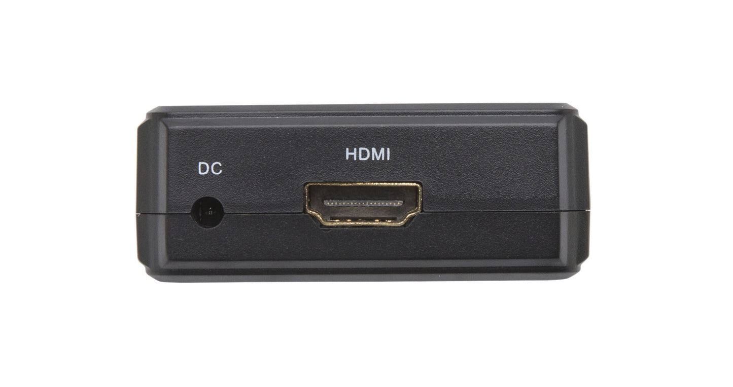 Luxorparts HDMI til komposit adapter med lyd, tydeligt mærket DC power og HDMI porte, close-up vinkel.