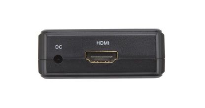 Luxorparts HDMI til komposit adapter med lyd, tydeligt mærket DC power og HDMI porte, close-up vinkel.
