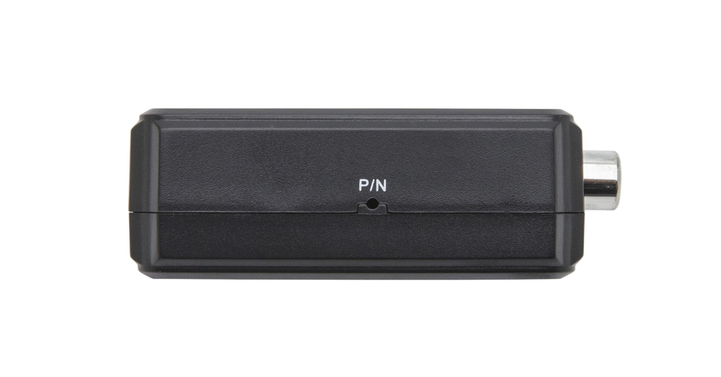 Adapter HDMI til komposit med lyd, sort, rektangulær, mærket PIN, rund metalport til HDMI og RCA/komposit-forbindelse.