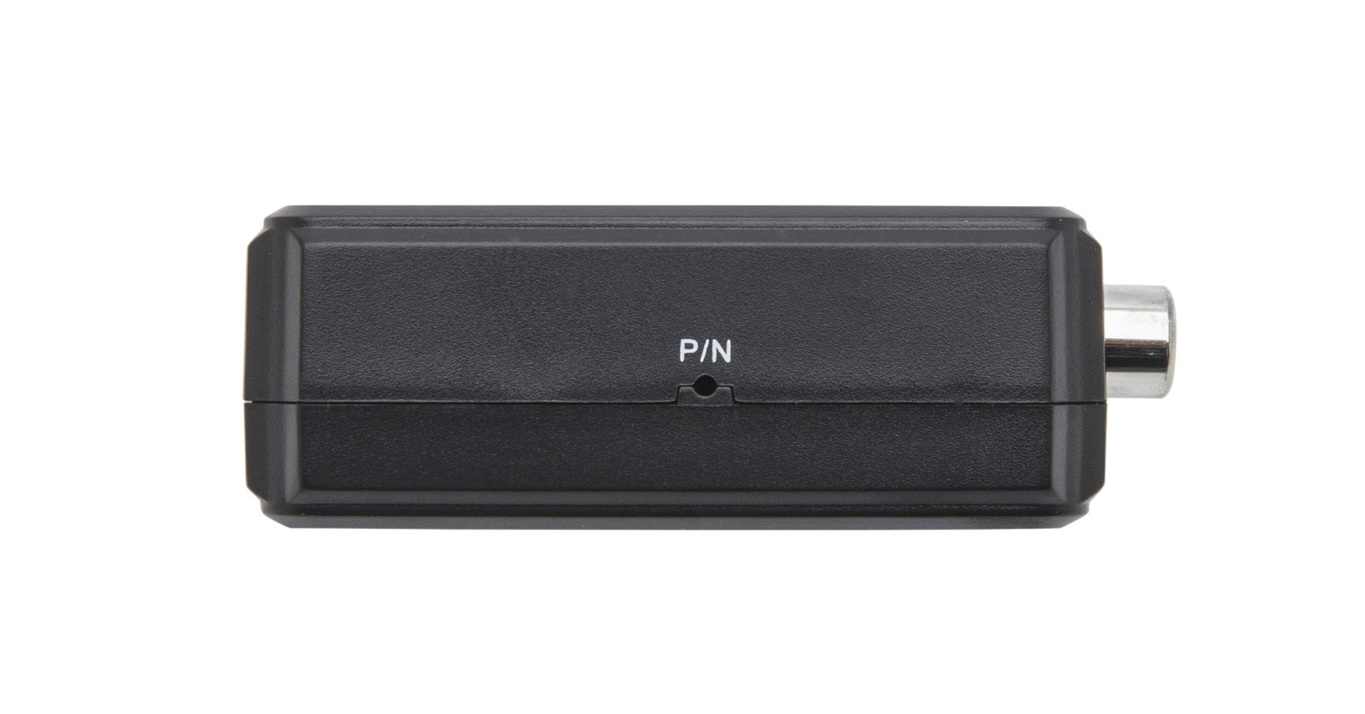 Adapter HDMI til komposit med lyd, sort, rektangulær, mærket PIN, rund metalport til HDMI og RCA/komposit-forbindelse.