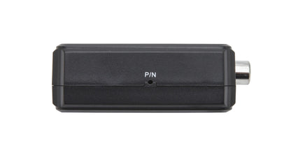 Adapter HDMI til komposit med lyd, sort, rektangulær, mærket PIN, rund metalport til HDMI og RCA/komposit-forbindelse.