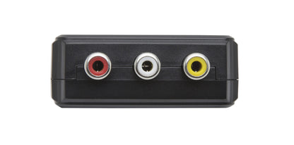 Luxorparts HDMI til komposit adapter sort med tre RCA-porte (rød, hvid, gul) placeret side om side.