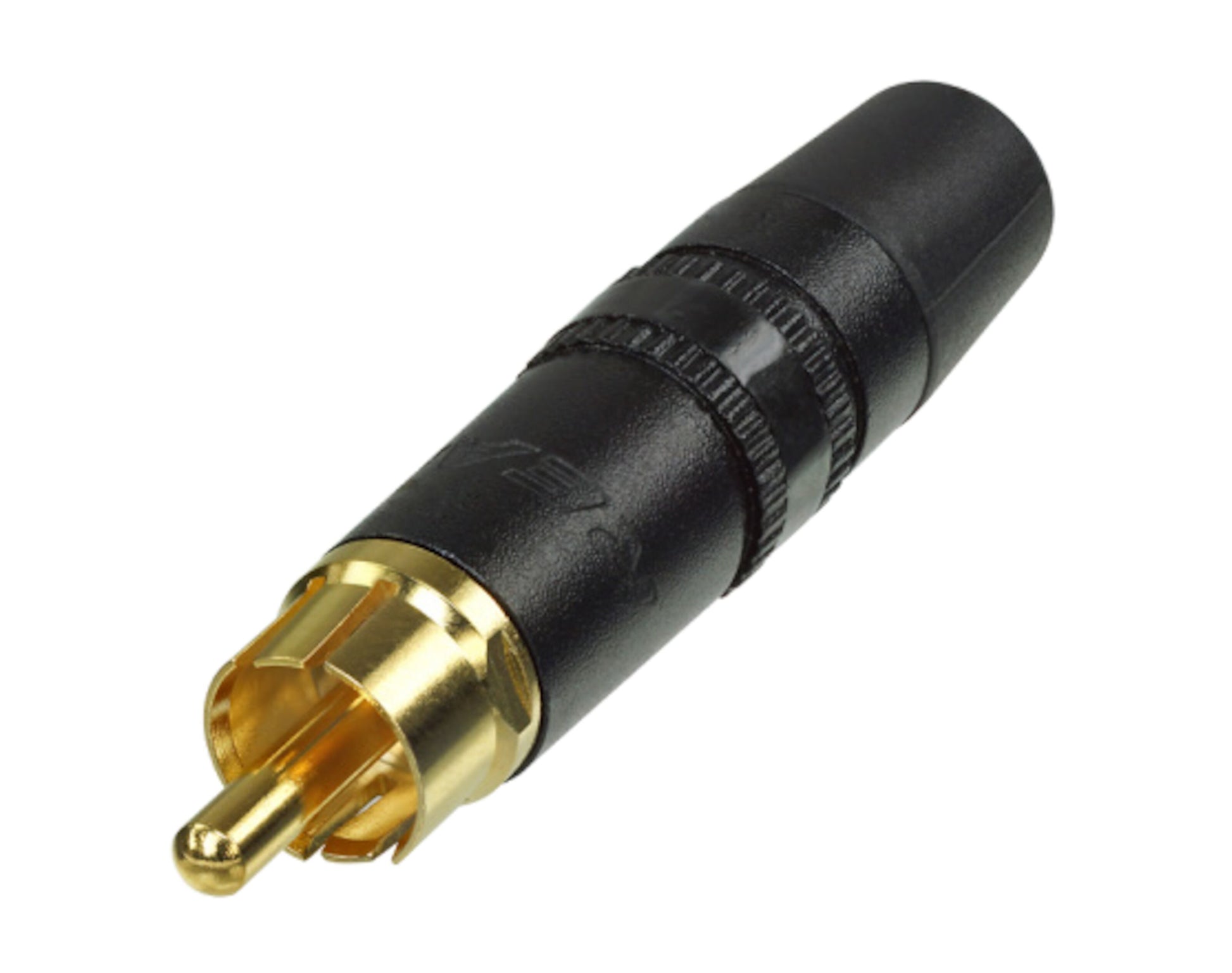 Neutrik RCA stikprop han sort metal, cylindrisk design, metalspids, til RG58/59 kabel og loddeforbindelse audio/video.