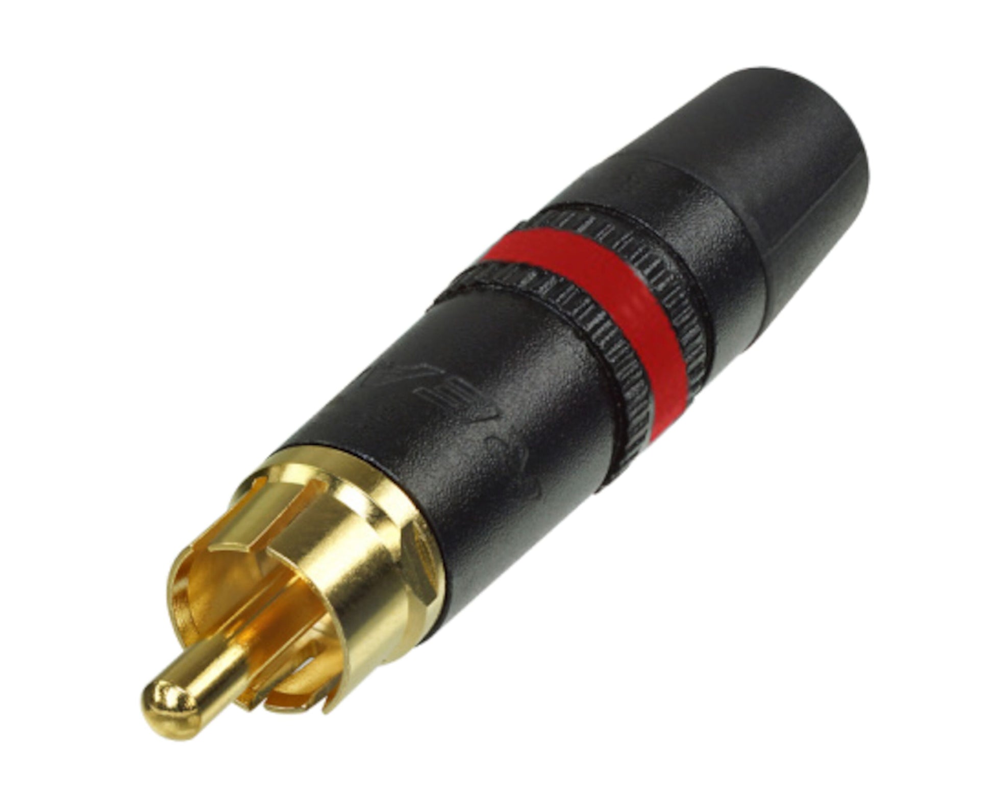 Neutrik rød RCA hanstik, metal, sort krop, guldbelagte stikben, rød kode, til RG58/59 kabel, loddeforbindelse.