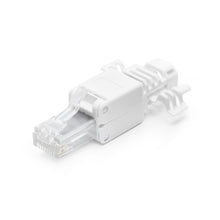 RJ45-stik Cat. 6a, hvid, klar spids og støvhætte, til UTP-kabler, værktøjsfri montering.