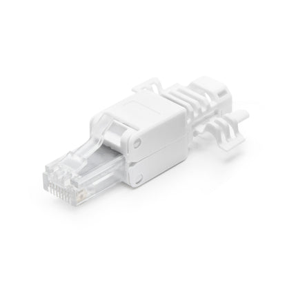 RJ45-stik Cat. 6a, hvid, klar spids og støvhætte, til UTP-kabler, værktøjsfri montering.