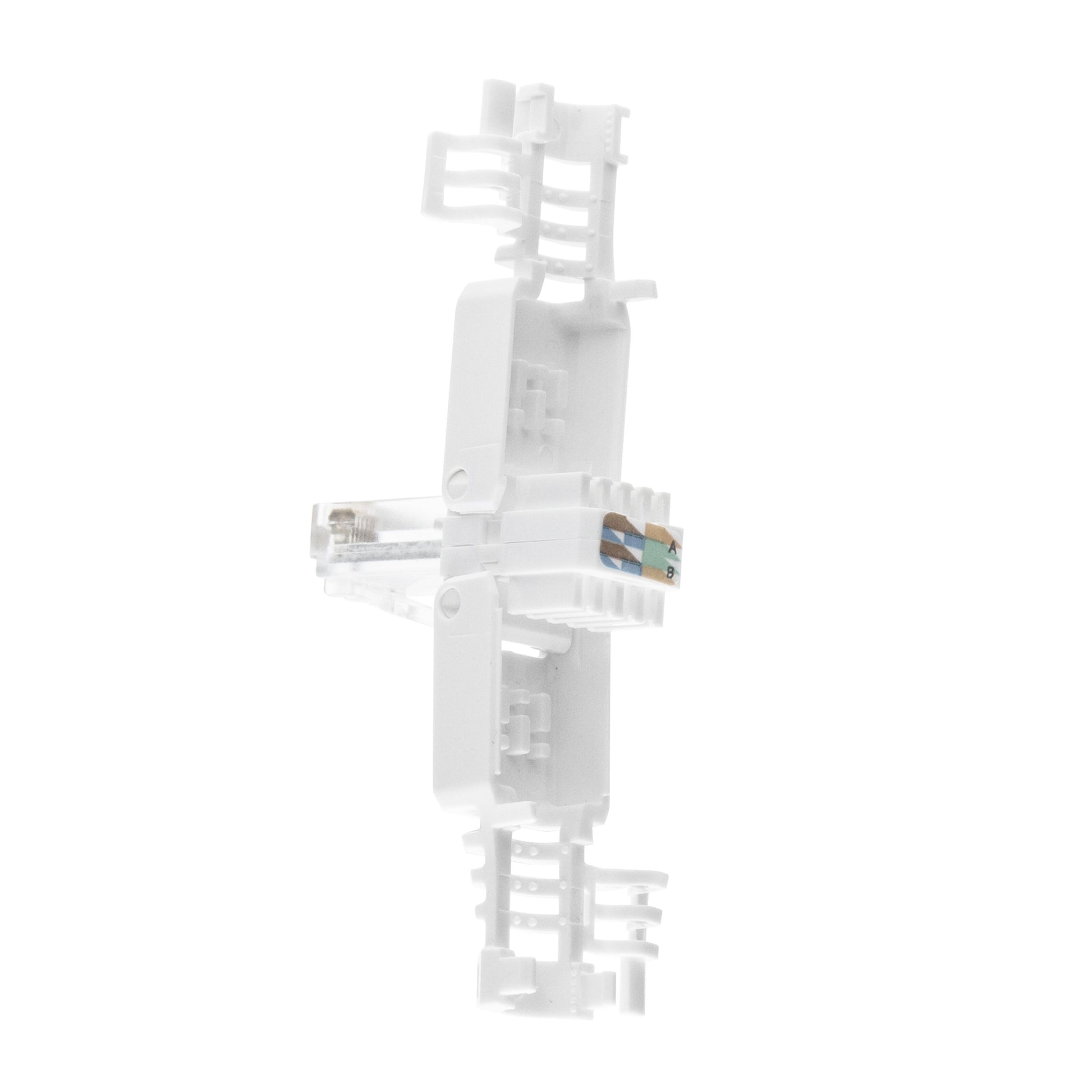 Luxorparts værktøjsfri RJ45-stik Cat. 6a, hvid plast, sideclips og kobberkontakter til Cat. 6a UTP netværkskabler.