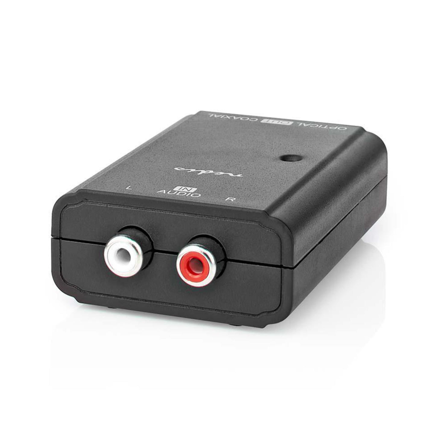 Nedis Analog Til Digital Converter sort, 2 RCA-porte L (hvid) og R (rød), tekst på top: Optisk SPDIF koaksial lyd.