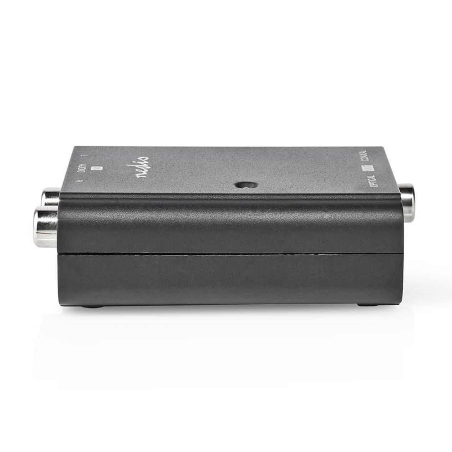 Nedis Analog til Digital Converter, sort, med sølvfarvede input- og output-stik til analog-til-digital lydkonvertering.