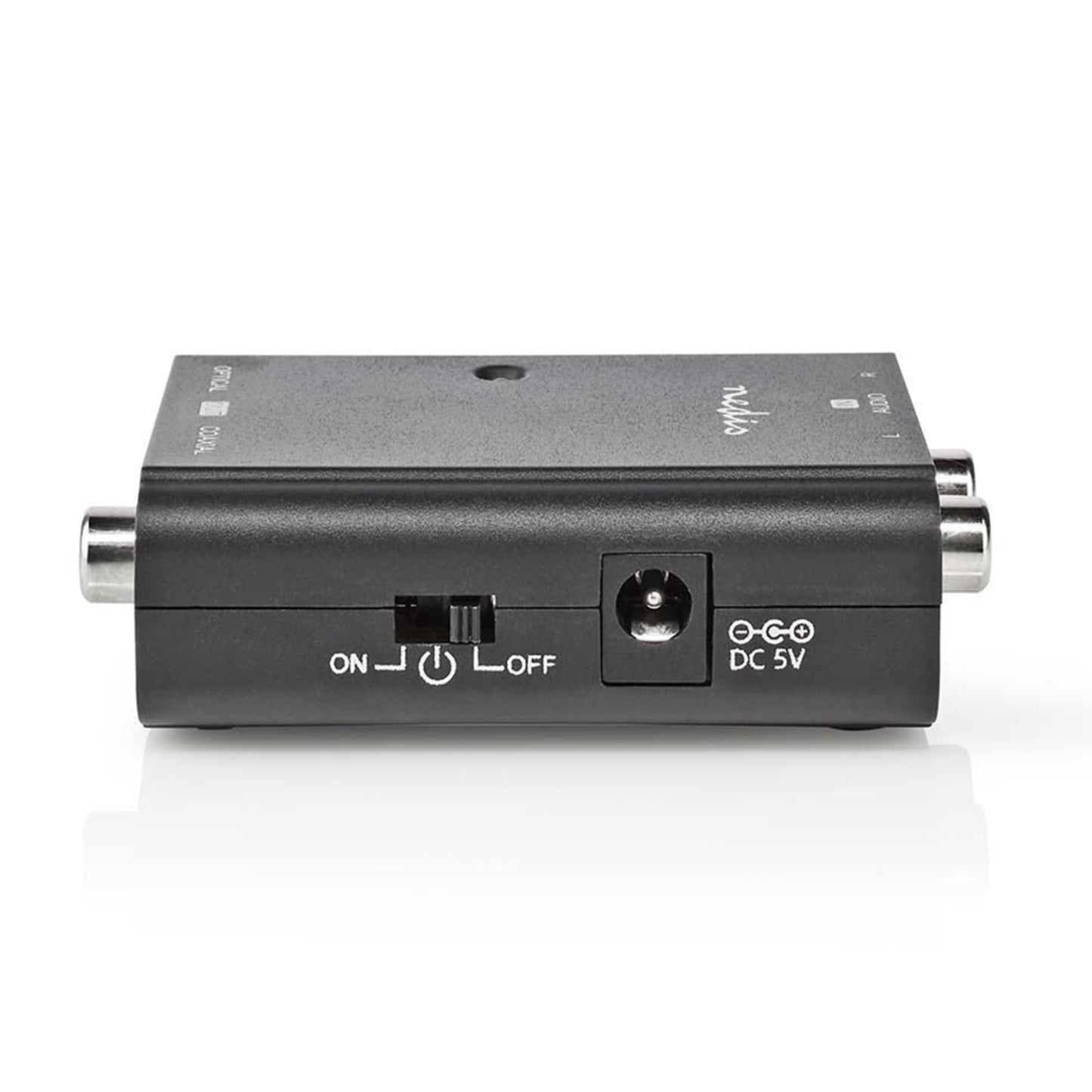 Nedis analog til digital converter sort med RCA-porte på siden, ON/OFF-knap og DC 5V input på bagsiden.