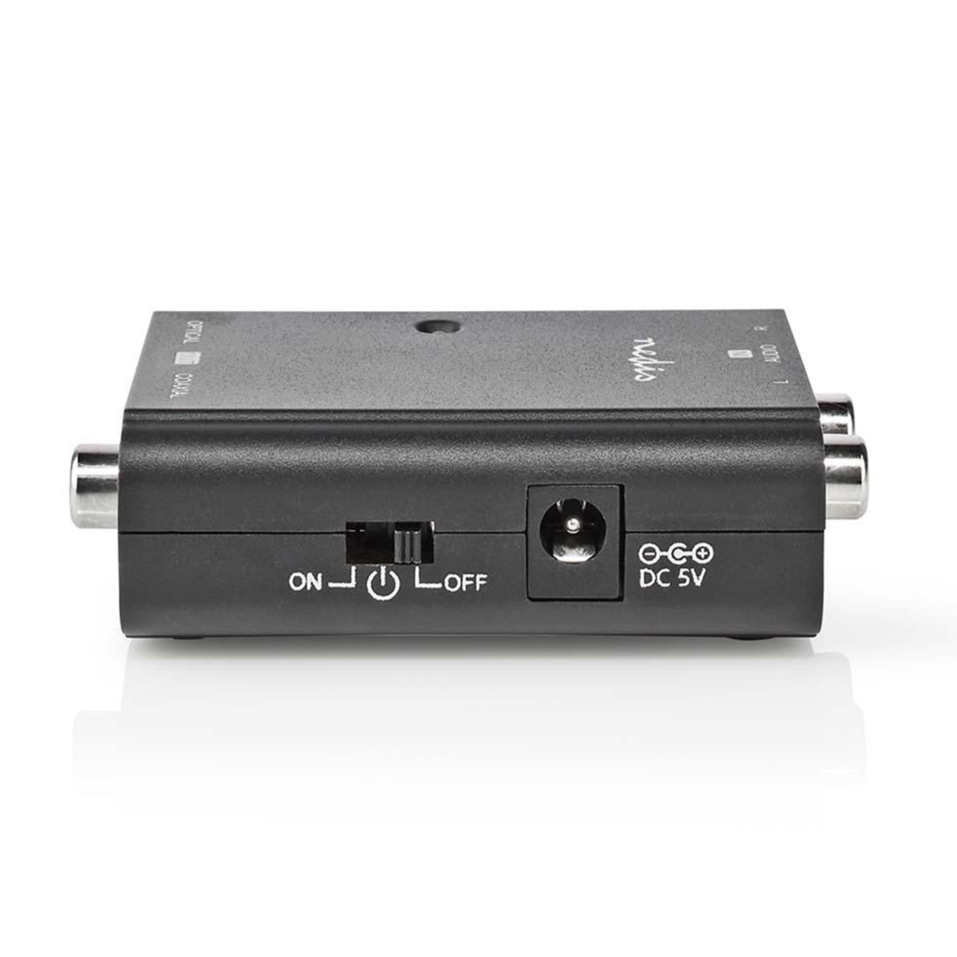 Nedis analog til digital converter sort med RCA-porte på siden, ON/OFF-knap og DC 5V input på bagsiden.