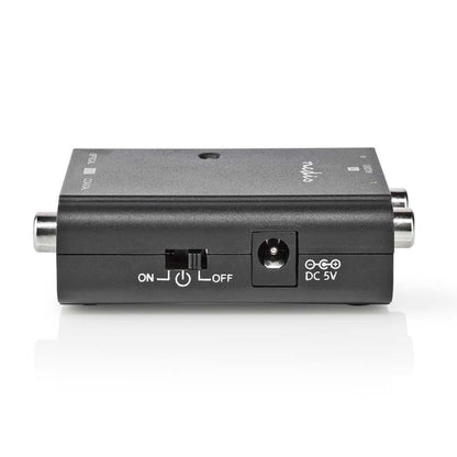 Nedis analog til digital converter sort med RCA-porte på siden, ON/OFF-knap og DC 5V input på bagsiden.