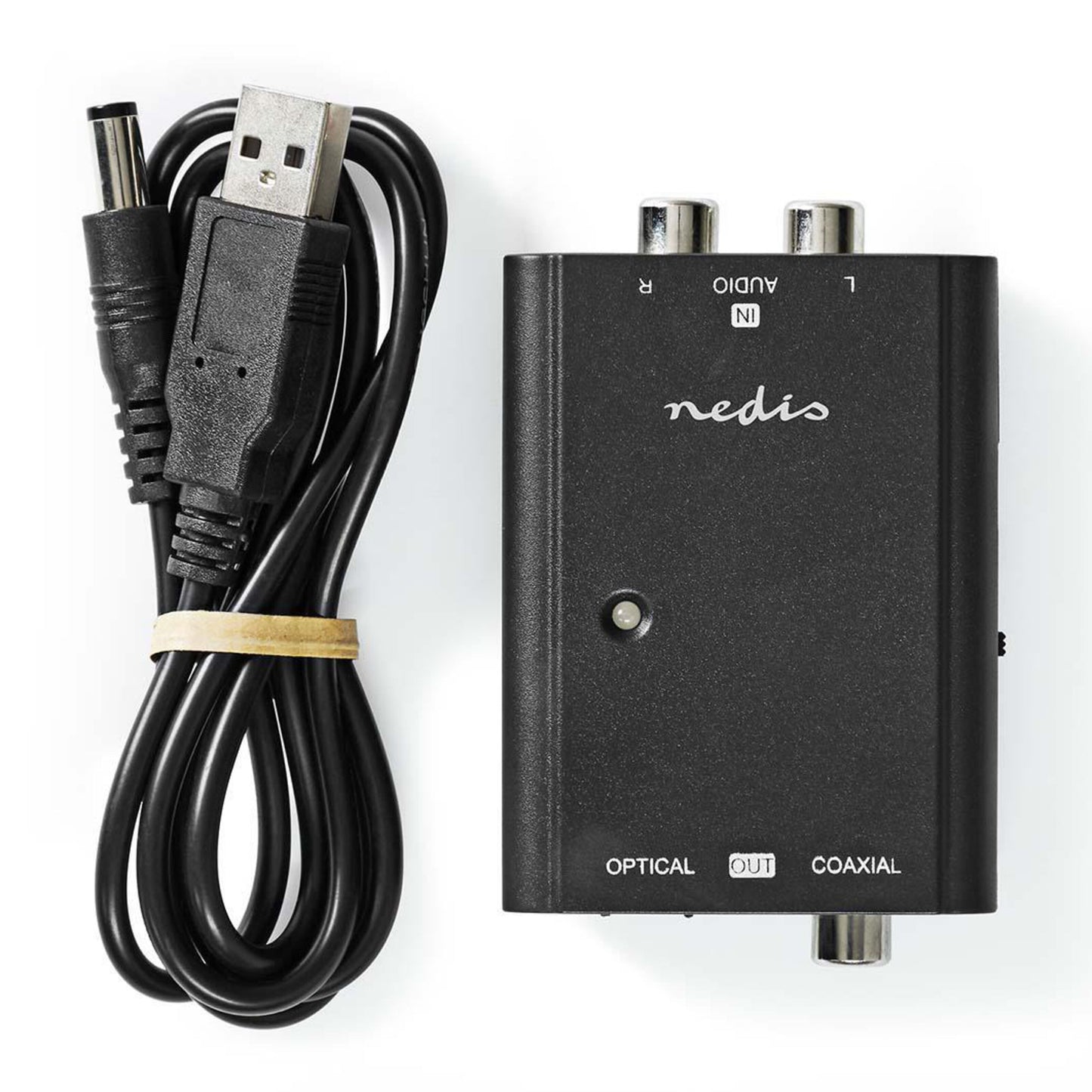 Nedis Analog Til Digital Converter sorterer med synlige audio, optisk og koaksial indgange/udgange samt sorterer USB-til-DC kabel.
