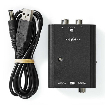 Nedis Analog Til Digital Converter sorterer med synlige audio, optisk og koaksial indgange/udgange samt sorterer USB-til-DC kabel.