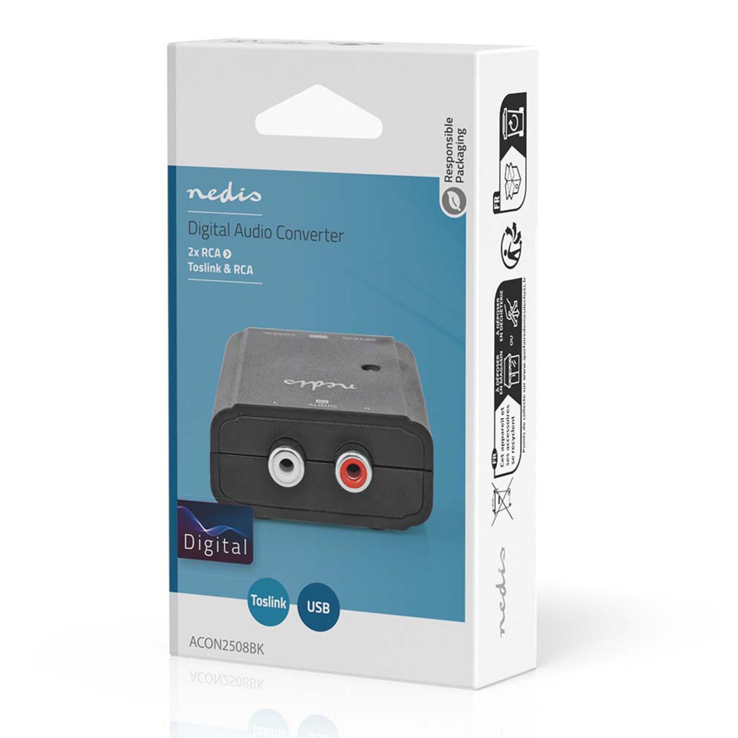 Nedis Analog til Digital Converter med Toslink, USB og 2x RCA til digital lyd, blå og hvid emballage.