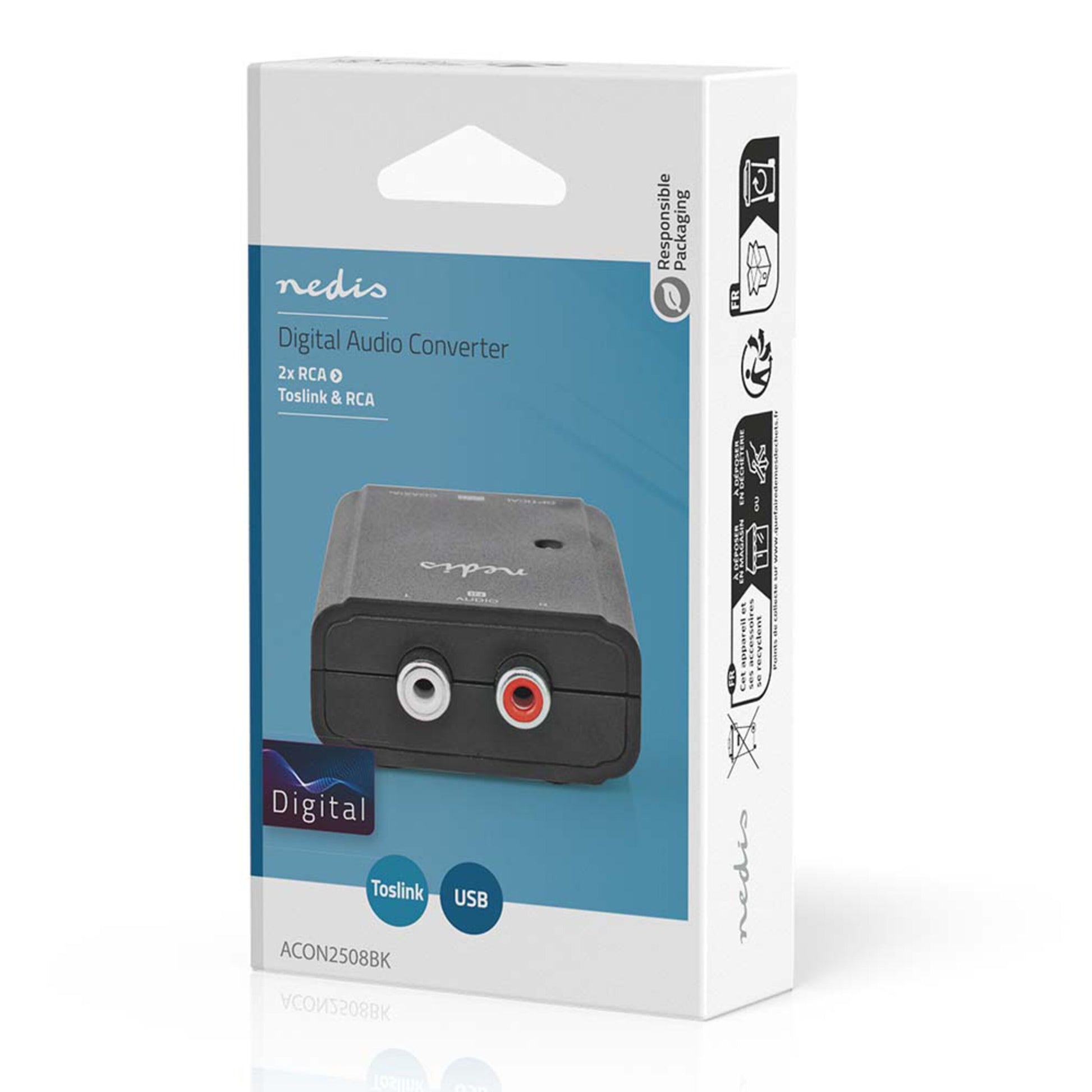 Nedis Analog til Digital Converter med Toslink, USB og 2x RCA til digital lyd, blå og hvid emballage.